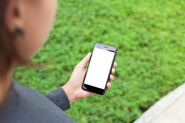 Aufkleber - woman hold phone mobile showing blank screen outdoor lifestyle,