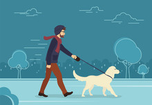 Young Man Walking Outdoors With His Dog In The Evening. Flat Concept Illustration Of People With Pets On The Street In Blue Color