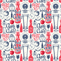 Pattern with beer, cider and apple in sketch style. Seamless background for Pub menu. Vector illustration: labels, bottle, glass brush calligraphy elements. Handwritten ink lettering.