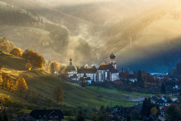 Wall Mural - Scenic panoramic view of a picturesque mountain valley in autumn at sunset. Germany, Black Forest. Colorful travel background.