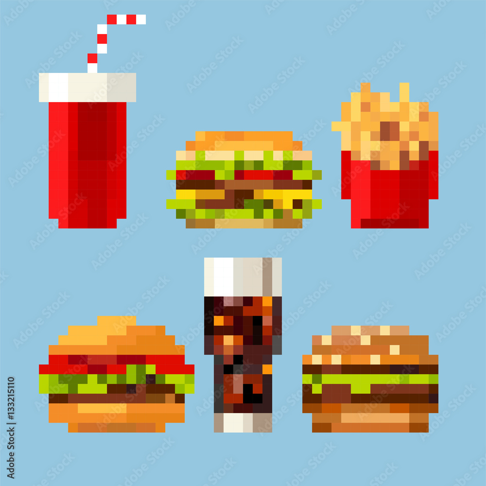 Pixel art fastfood set in style of eight-bit game. Stock Vector | Adobe ...