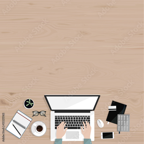 Desktop With Laptop Notebooks Mobile Credit Card Gles Coffee Notebooks Mobile Credit Card Gles Coffee And Freelancer S Hands Freelance Office Work Wood Background Top View Vector Flat Ilration