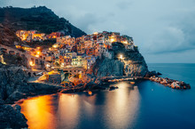 Night View Of Manarola Fishing Village In Cinque Terre, Italy
