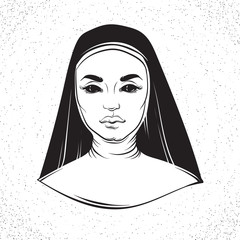 Wall Mural - Vector illustration of nun with cross made in hand drawn horror line realistic style. Template for card poster banner print for t-shirt