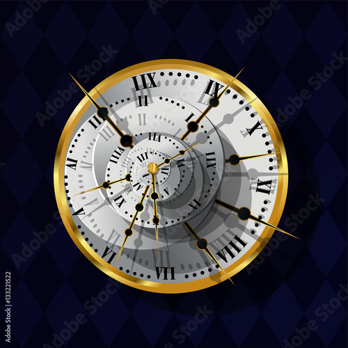 Fotografía Surrealistic gold watch with shooters and the Roman figures on dark wonderland checkered background