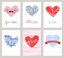 Six Valentine's Greeting Cards With Typographic Design And Decorative Heart Shapes. Vector Illustration.