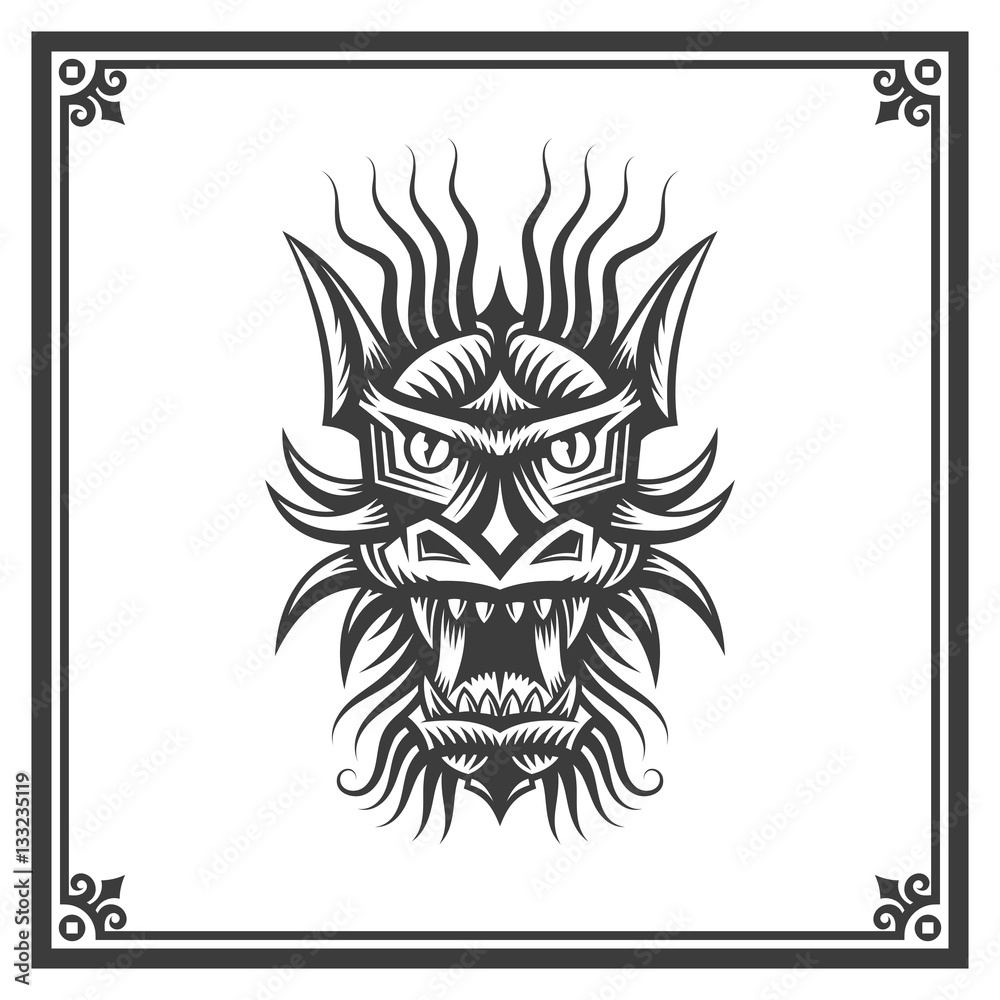 Chinese dragon head - black and white tattoo in a decorative frame ...