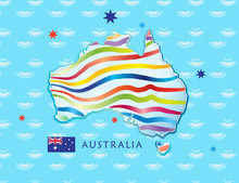 Australia Day Poster With Map Of Australia And Australian Flag On Sea Background. Vector Illustration.