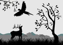 Silhouettes Of Deer, Pheasant And Trees Vector Illustration