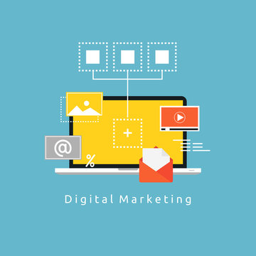 Digital marketing flat vector illustration. Online marketing, social marketing, content management, digital promotion, internet and web advertising concept for web banners and apps