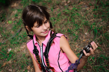 Wall Mural - adventure climbing high wire park - hiking in the rope park girl