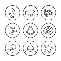 Wall Mural - Sea line icons in circles, shark, sea horse, fish, shell, medusa, starfish, anchor, vector illustration