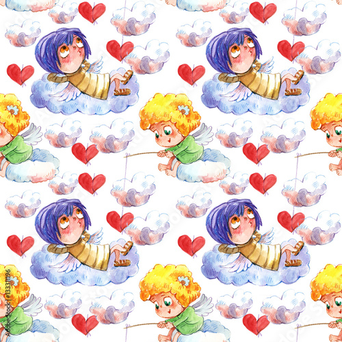 Cotton fabric Little Angels, dog, Valentine's Day, watercolor