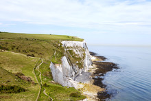 Coastal Walking Path Overlooking The English Channel And White Cliffs Of Dover, South East England, On A Sunny Summer Day .