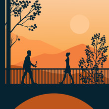The Man And The Woman Are Going To Meet Each Other. Rendezvous On The Bridge. Sunset In The Mountains