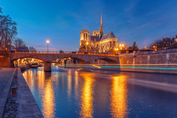 Poster - Cathedral of Notre Dame de Paris and bridge Pont de l'Archeveche, Archbishop's Bridge, as seen from Quai de la Tournelle during evening blue hour, Paris, France