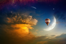 Dream Concept - Hot Air Balloon In Glowing Sky With Rising Moon