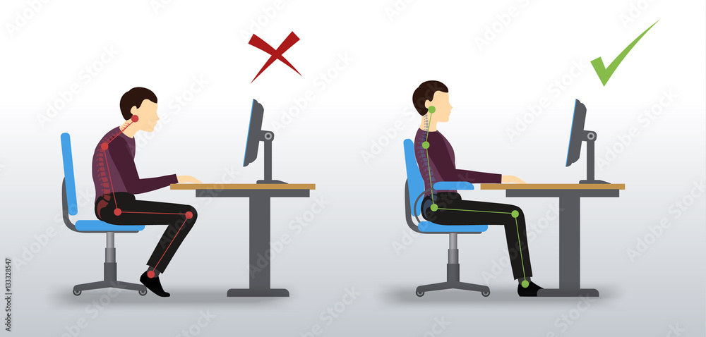 ergonomic. Wrong and correct sitting posture - obrazy, fototapety, plakaty 