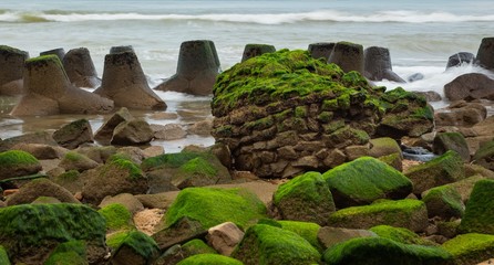 A rocky coastal defence barrier made of tetrapods and large rocks covered in green moss.