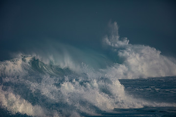 Wall Mural - huge waves crashing in ocean. seascape environment background. water texture with foam and splashes.