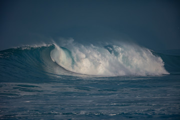 Wall Mural - Huge waves crashing in ocean. Seascape environment background. Water texture with foam and splashes. Hawaiian surfing spots with nobody