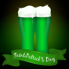 Two glasses of green beer for Saint Patrick's Day with ribbon. Background for St. Patrick's day in cartoon style. Vector illustration. Holiday Collection.