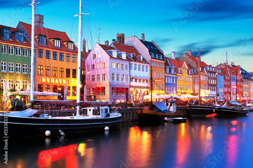 Evening scenery of Nyhavn in Copenhagen, Denmark Wallpaper Mural