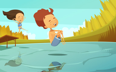 Sticker - Cartoon Illustration With Kids Jumping Into Lake