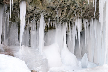 Canvas Print - Ice, Frozen at waterfall cascade in mountain Mecsek