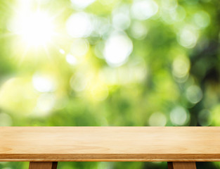 Aufkleber - Empty wooden table and blurred garden bokeh light background. Mo