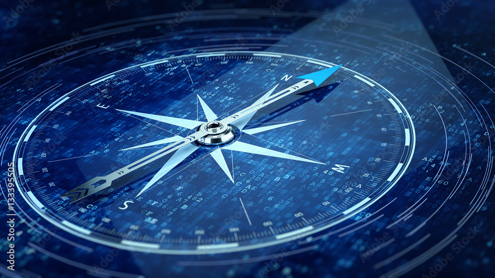 E-Business concept. Compass Direction On Digital Code Blue Background ...