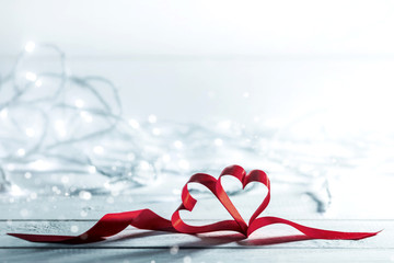 Ribbon hearts and bokeh lights