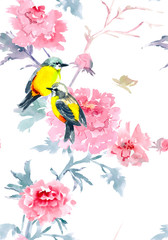 Wall Mural - graceful seamless texture with flowers and birds. watercolor pai