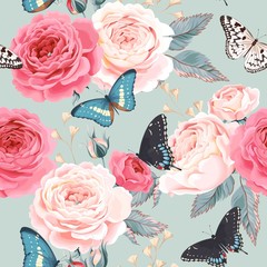 Wall Mural - Seamless peony roses and butterfly