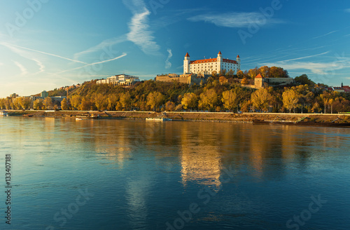 Bratislava castle,parliament and Danube river and beautiful fall day,Slovakia Canvas Print