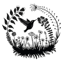 Vector Illustration. Stylized Hummingbird Drinking Nectar From The Flower. Exotic Bird Flying In The Field Grass. Dekrativnye Plants In A Circle. Line Art. Black And White Drawing. Tattoo.