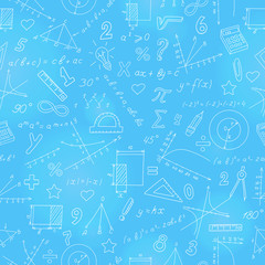 Seamless background with formulas and charts on the topic of mathematics and education, light marker on blue  background