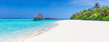 Panorama Of Wide Sandy Beach On A Tropical Island In Maldives