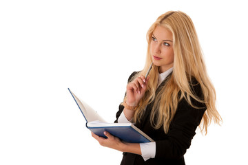 Sticker - business woman writing notes in her notebook isolated over white