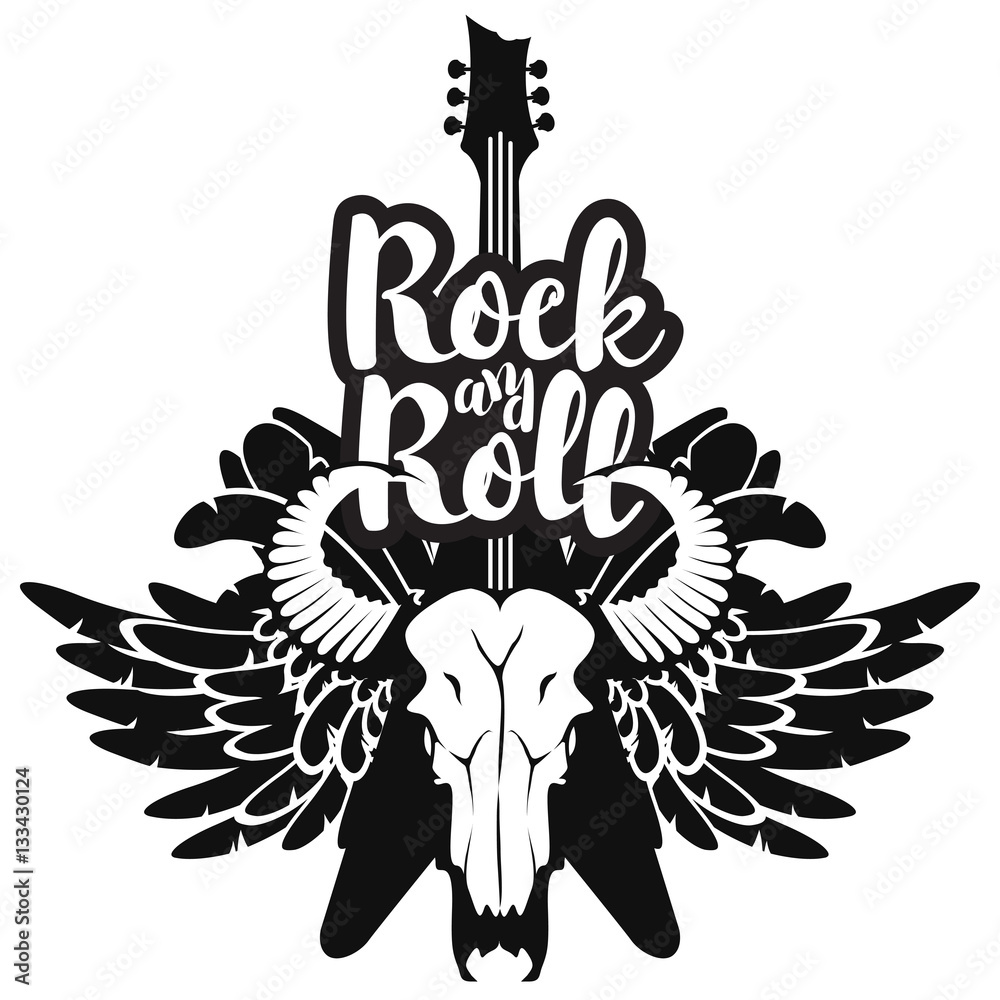 vector illustration with an electric guitar and skull of bull and wings ...