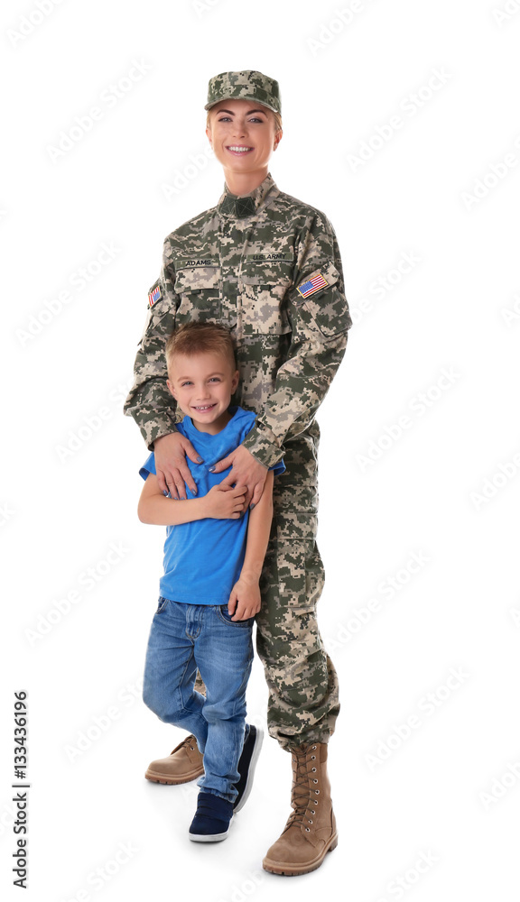 Woman soldier and her son on white background