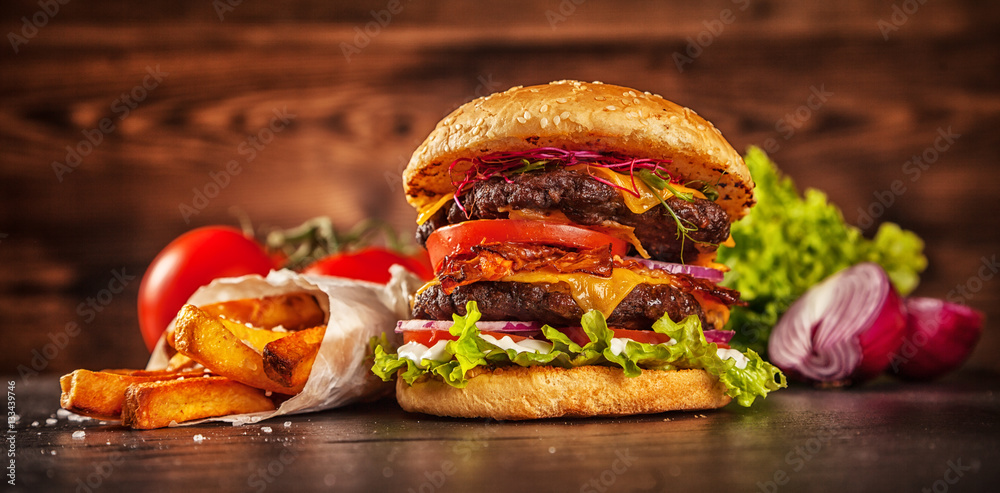 Home made hamburger with lettuce and cheese - obrazy, fototapety, plakaty 