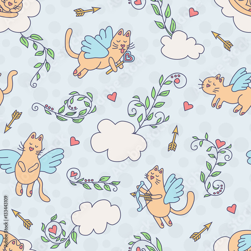 Cotton fabric Flying cats. Seamless pattern in cartoon style. Colorful