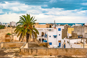 Wall Mural - A street in Medina in Sousse, Tunisia. Magical space of medieval town with colorful walls and green palm tree.