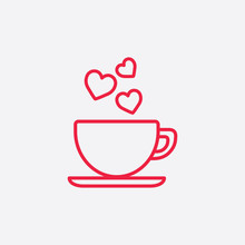 Cup Of Coffee Tea Hot With Hearts Steam Line Icon Red On White