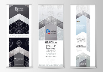 Wall Mural - Roll up banner stands, flat templates, geometric style, corporate vertical vector flyers, flag layouts. High tech, connecting system. Science and technology concept. Futuristic abstract background.