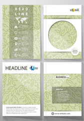 Wall Mural - Business templates, brochure, flyer, annual report. Cover design template, layout in A4 size. Green color background with leaves. Spa concept in linear style. Vector decoration for beauty industry