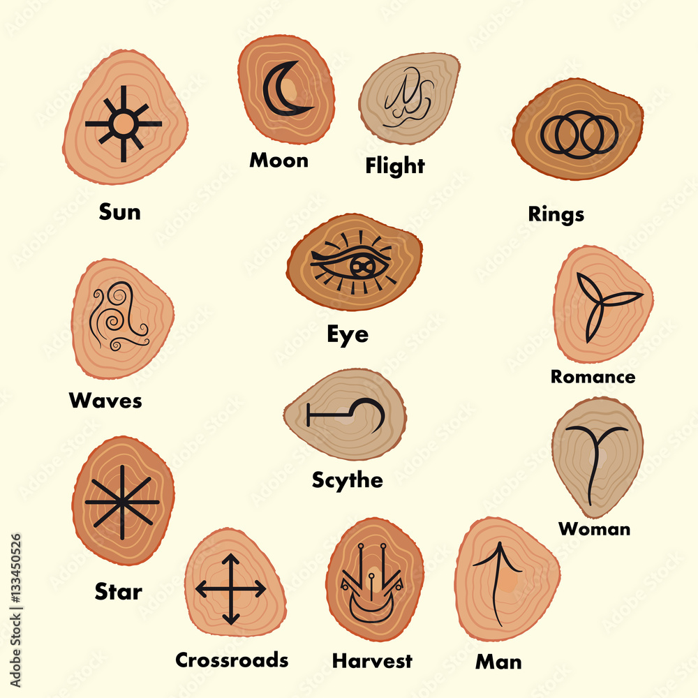 Set of Witches runes, wiccan divination symbols carved in wood. Stock ...