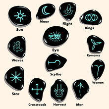 Set Of  Witches Runes, Wiccan Divination Symbols Carved In Stone