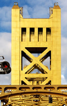 Decorative Metal Panels Of The Towers On The Vertical Lift Bridge Over The Sacramento River. Tower Bridge, Sacramento, California